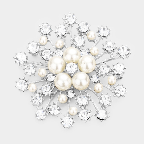Silver White Pearl Rhinestone Brooch Floral Crystal Pin 2.5" Bling Accessory - Picture 1 of 2